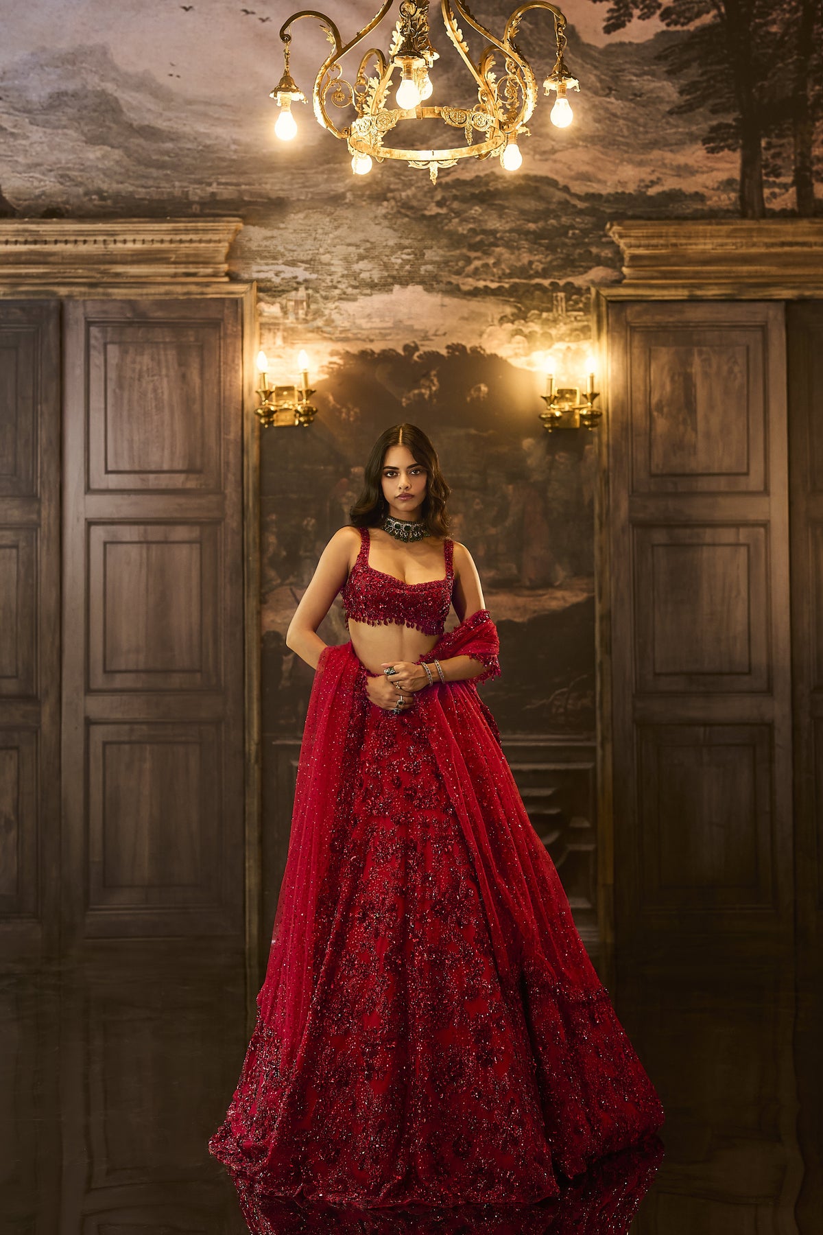 Red Sequin & Crystal Lehenga Set