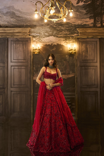Red Sequin & Crystal Lehenga Set