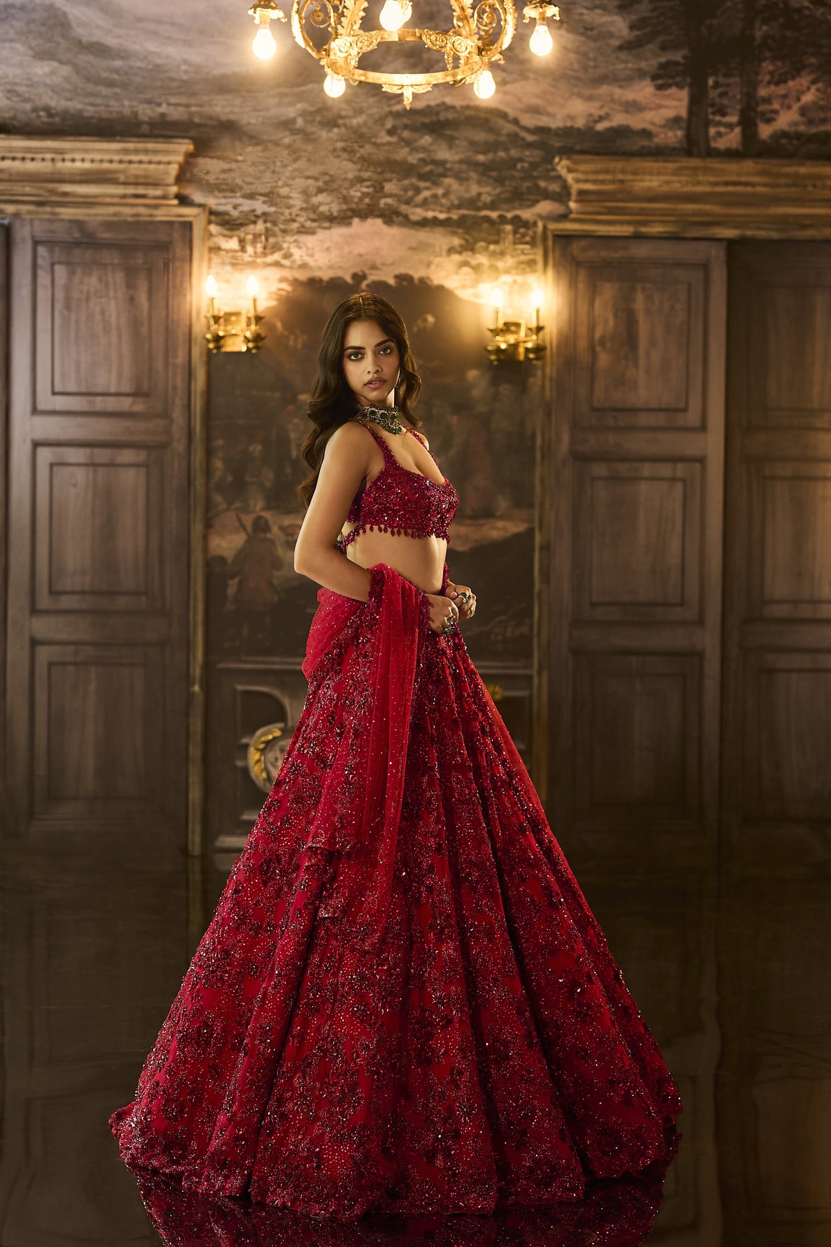 Red Sequin & Crystal Lehenga Set