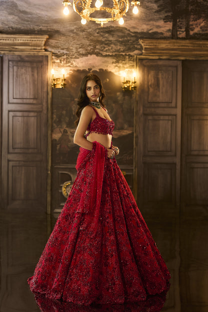 Red Sequin & Crystal Lehenga Set