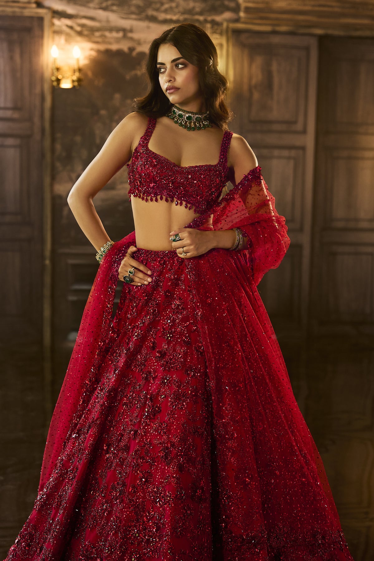 Red Sequin & Crystal Lehenga Set