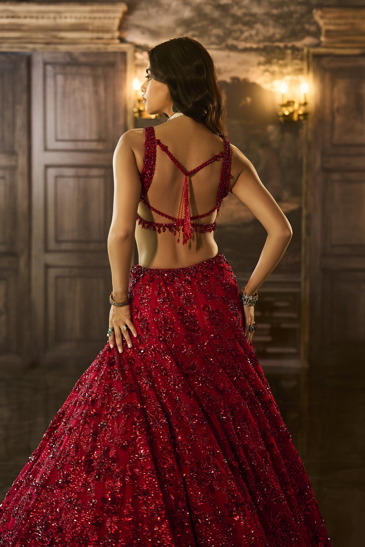 Red Sequin & Crystal Lehenga Set