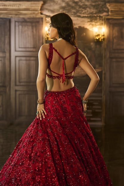 Red Sequin & Crystal Lehenga Set
