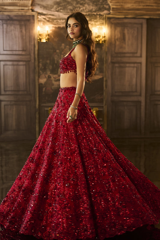Red Sequin & Crystal Lehenga Set
