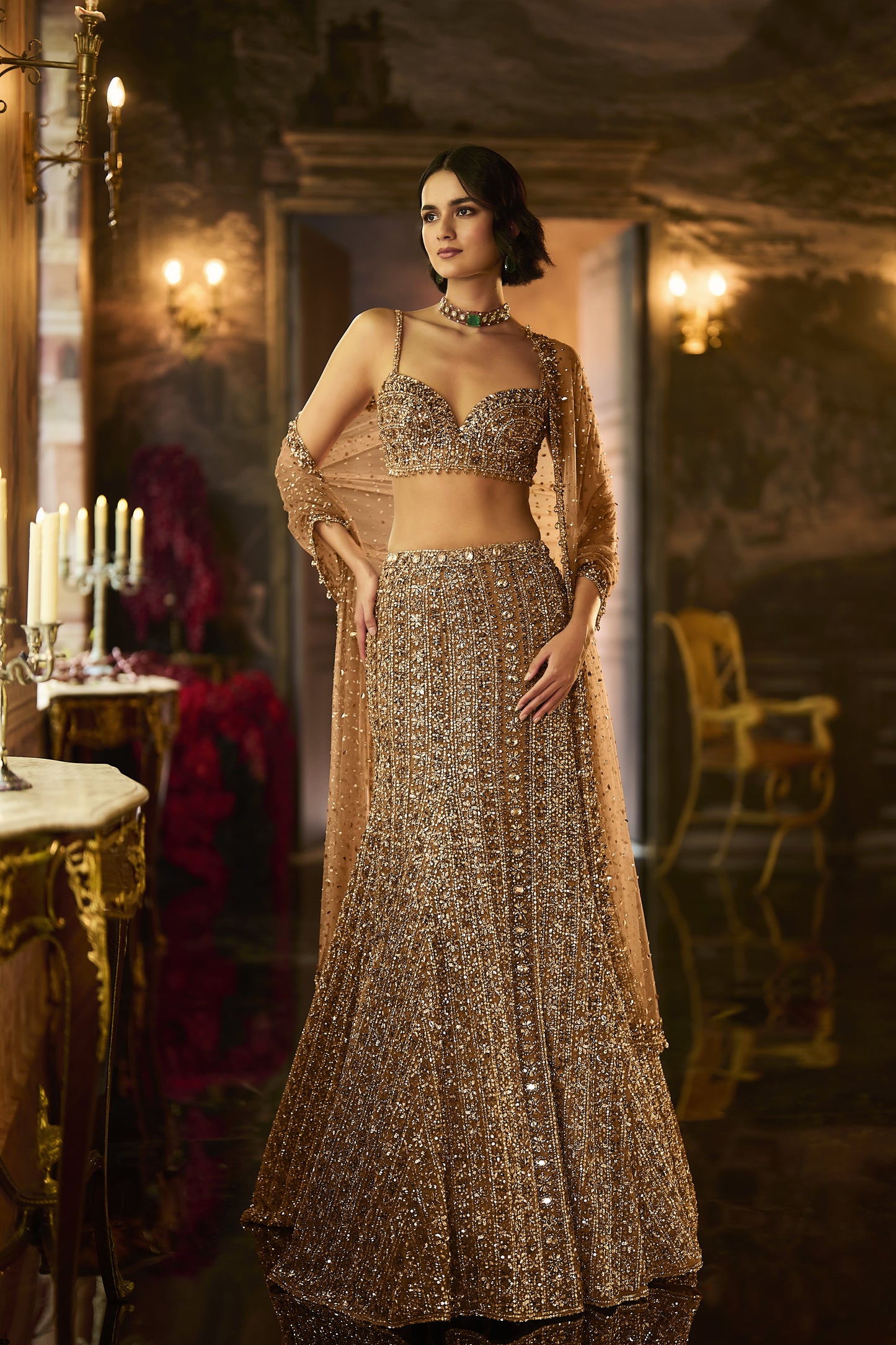 Antique Gold Crystal Fit & Flare Skirt Set