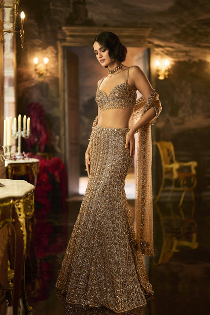 Antique Gold Crystal Fit & Flare Skirt Set