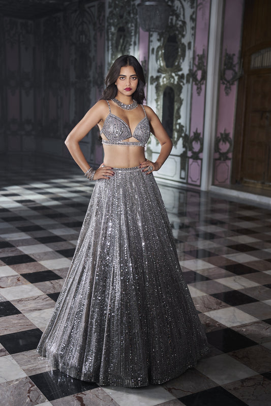 Antique Silver Miror Work Lehenga Set