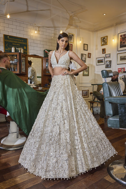 Ivory Three-Dimensional Floral designer Lehenga Set