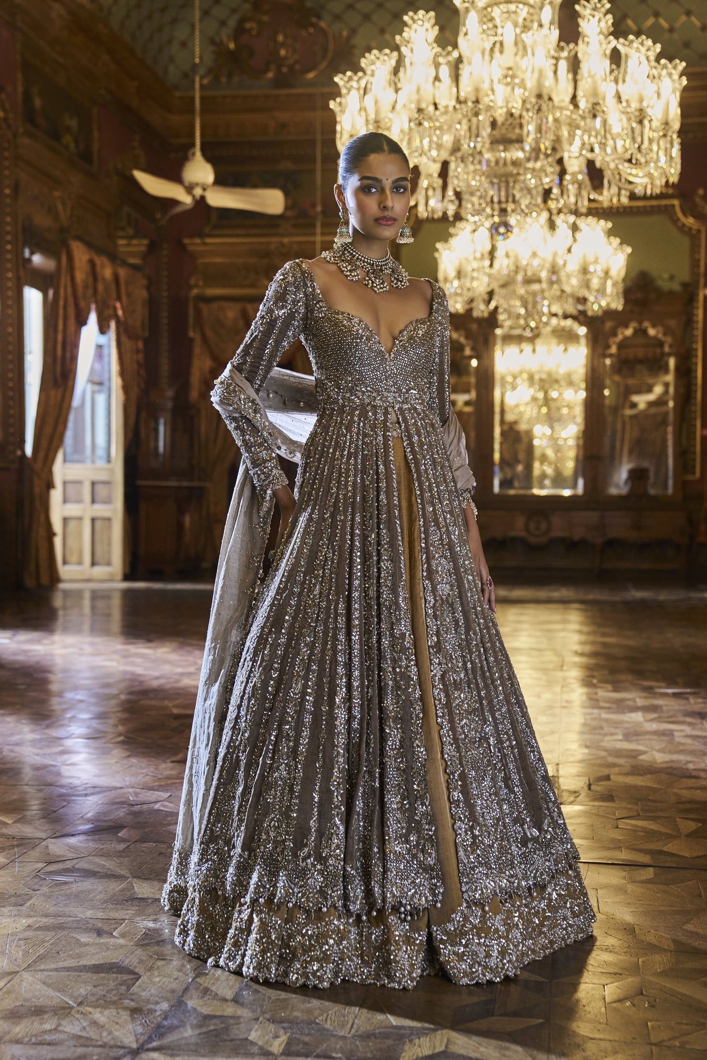 Gold Silver tissue Jacket Lehenga Set