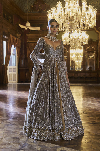 Gold Silver tissue Jacket Lehenga Set