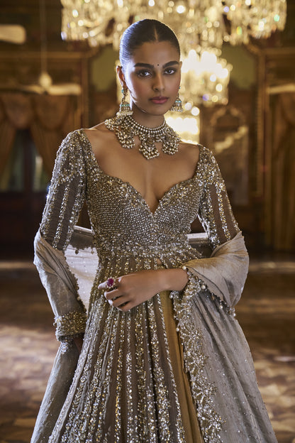 Gold Silver tissue Jacket Lehenga Set