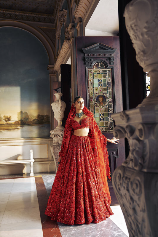 Red three-dimensional Floral Lehenga Set