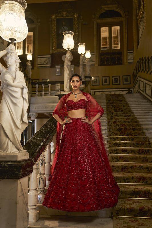 Red crystal Lehenga Set