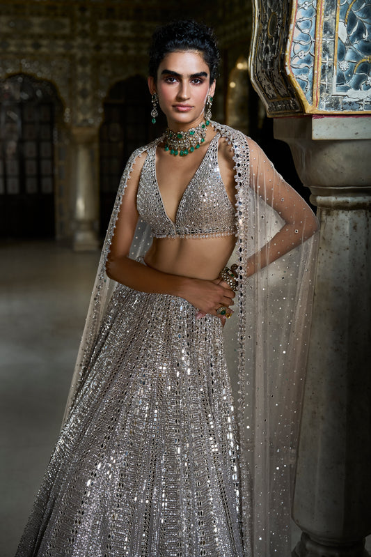 Champagne Mirror Work Designer Lehenga Set