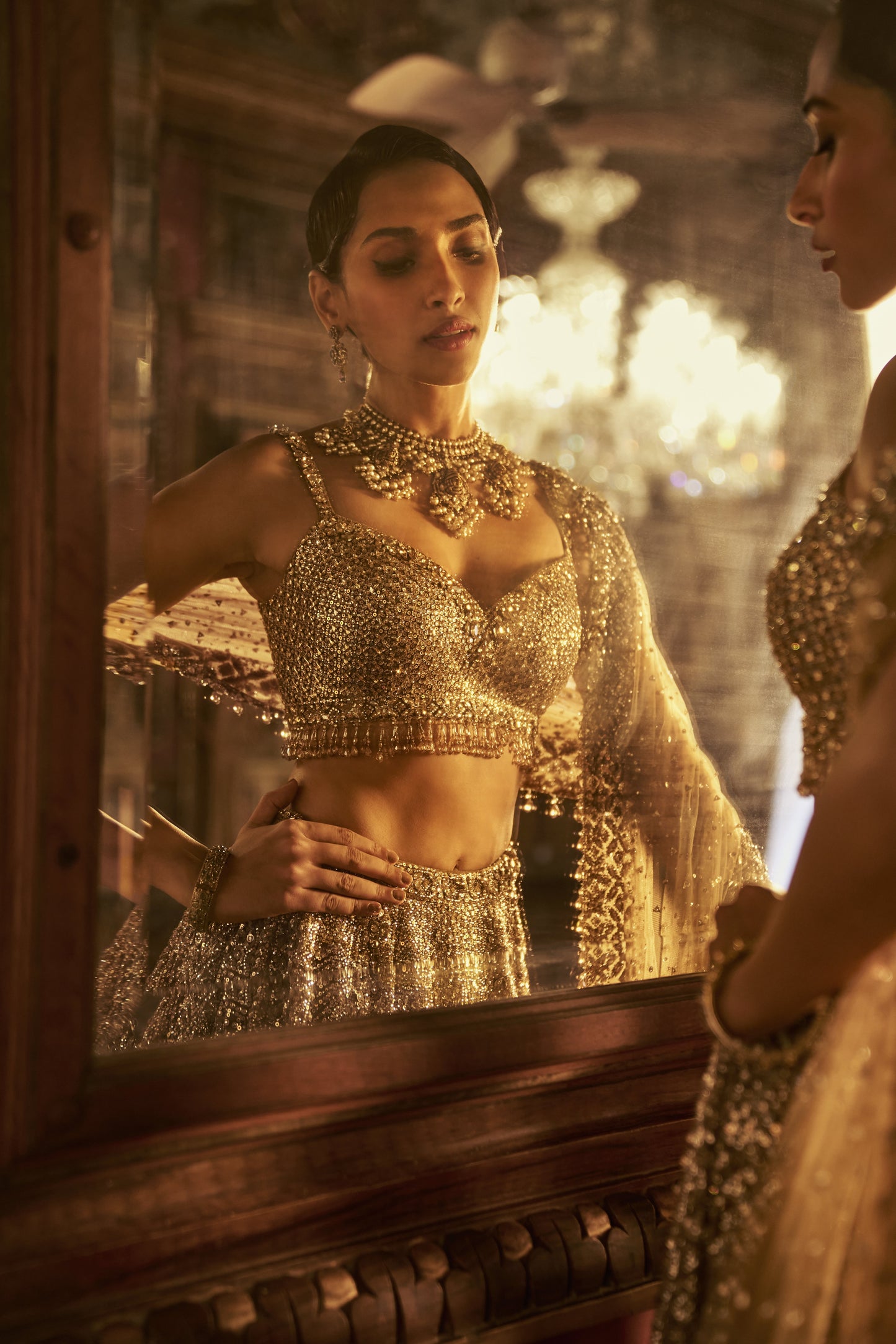 Antique Gold Sequin Designer Lehenga Set