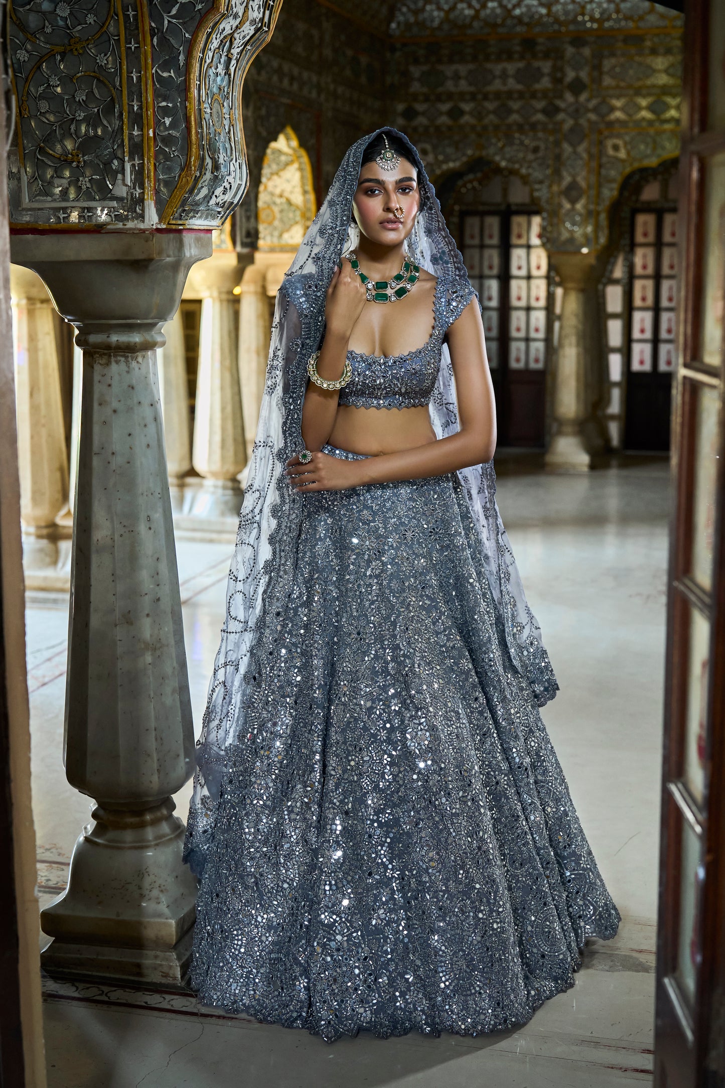 Steel Grey Mirror Work Lehenga Set