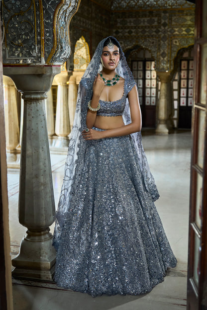 Steel Grey Mirror Work Lehenga Set