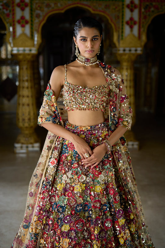 Multi-Coloured 3D Floral Lehenga Set
