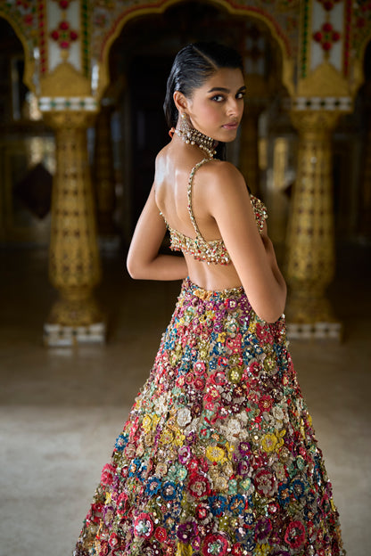 Multi-Coloured 3D Floral Lehenga Set