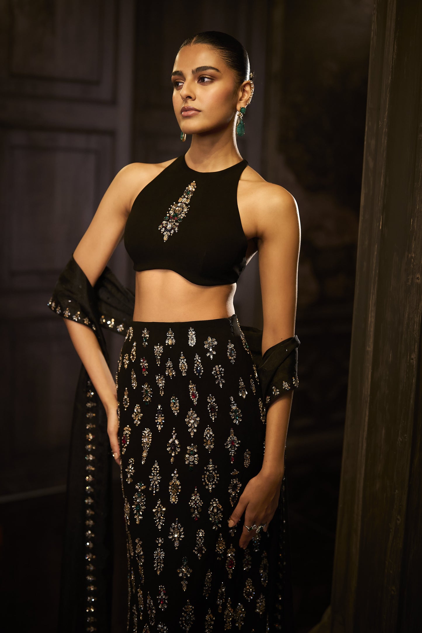 Black Crystal Skirt Set