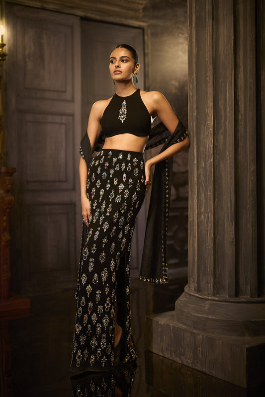 Black Crystal Skirt Set