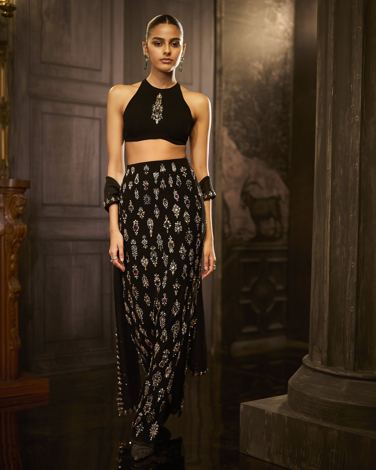 Black Crystal Skirt Set