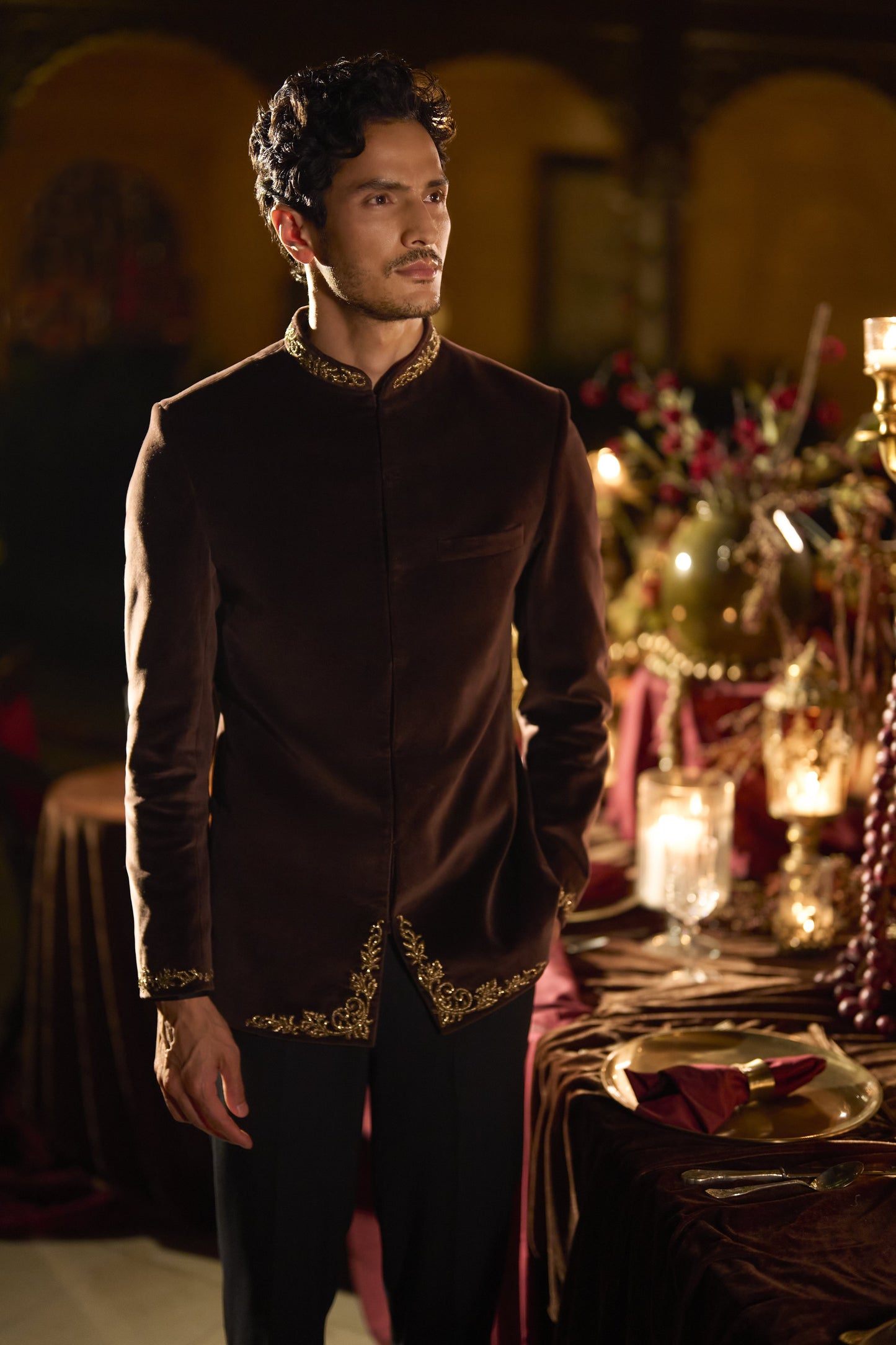Brown Velvet Bandhgala Set