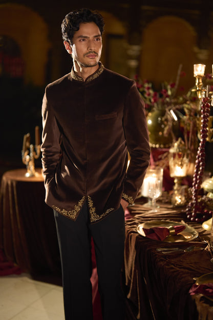 Brown Velvet Bandhgala Set