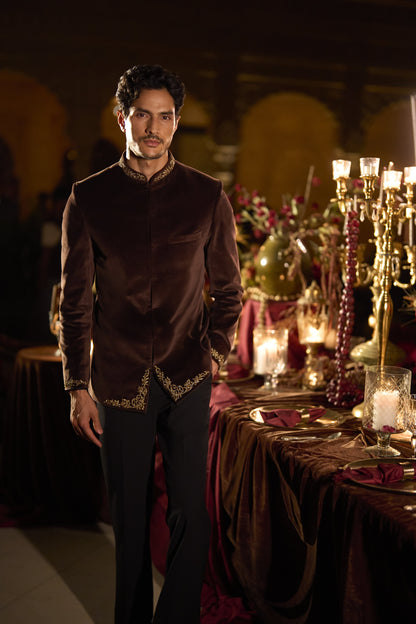 Brown Velvet Bandhgala Set