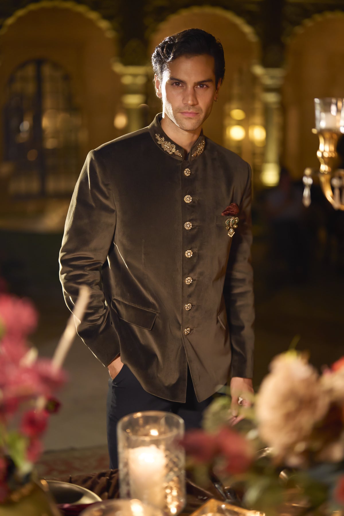 Olive Green Velvet Bandhgala Set