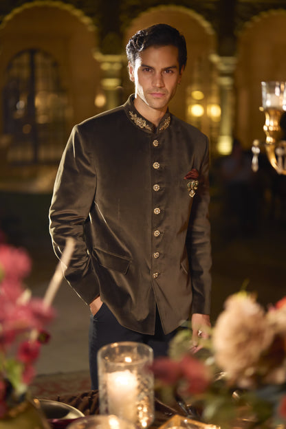 Olive Green Velvet Bandhgala Set
