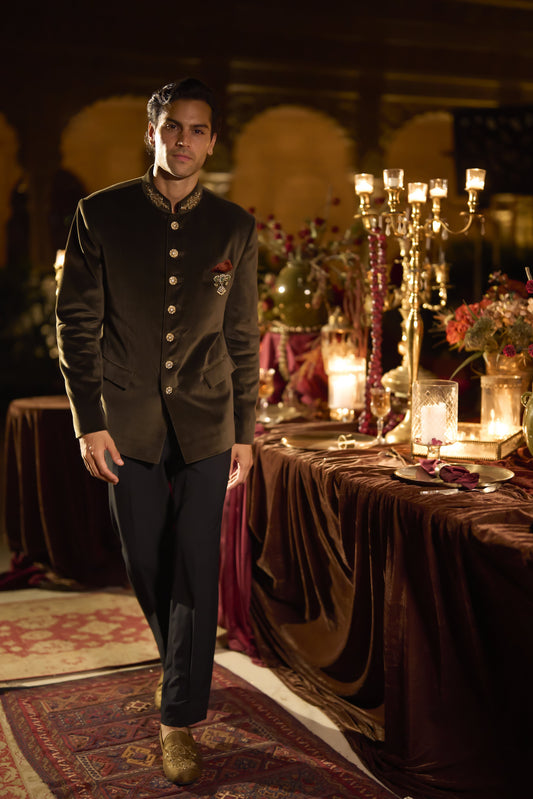 Olive Green Velvet Bandhgala Set