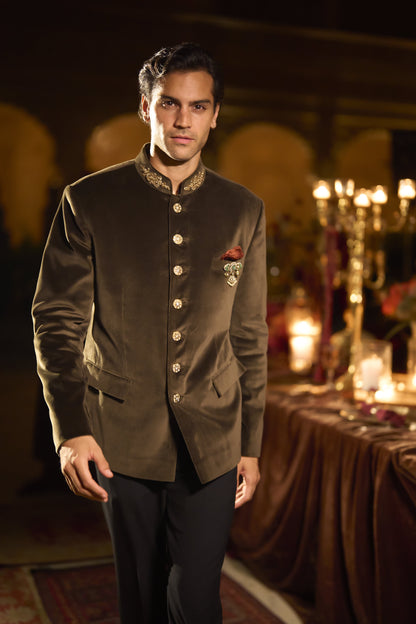 Olive Green Velvet Bandhgala Set