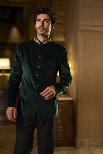 Emerald Green Velvet Bandhgala Set
