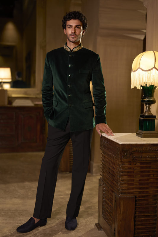 Emerald Green Velvet Bandhgala Set