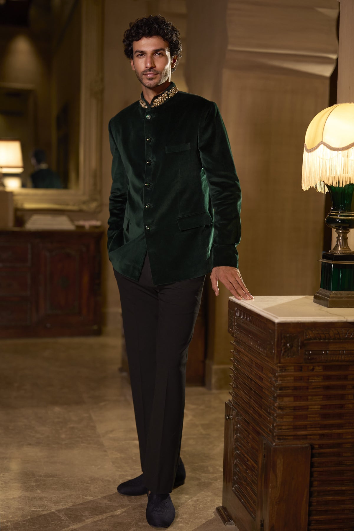 Emerald Green Velvet Bandhgala Set