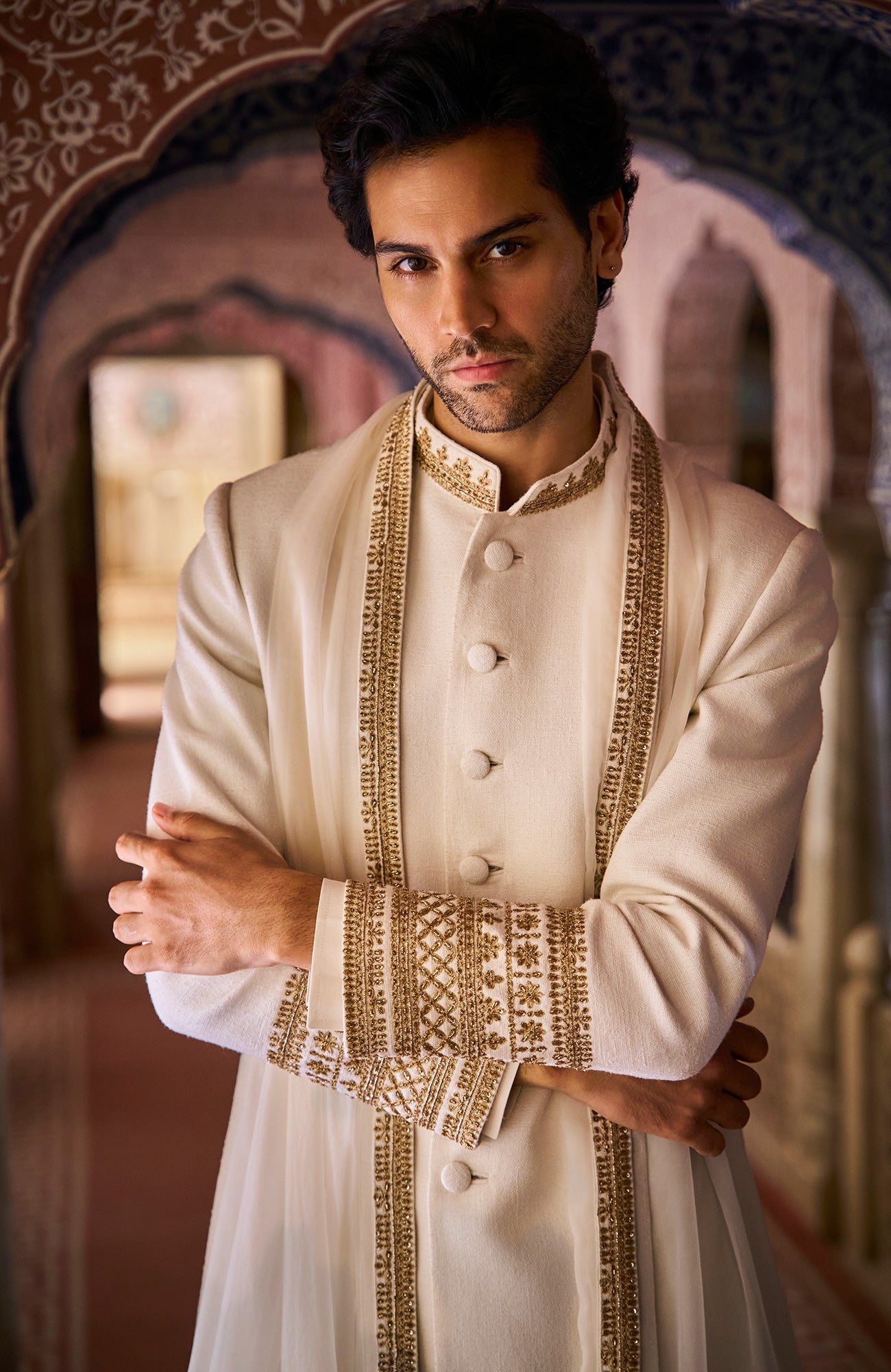 Ivory Gold Matka Silk Sherwani Set