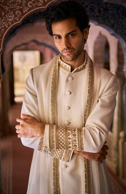 Ivory Gold Matka Silk Sherwani Set