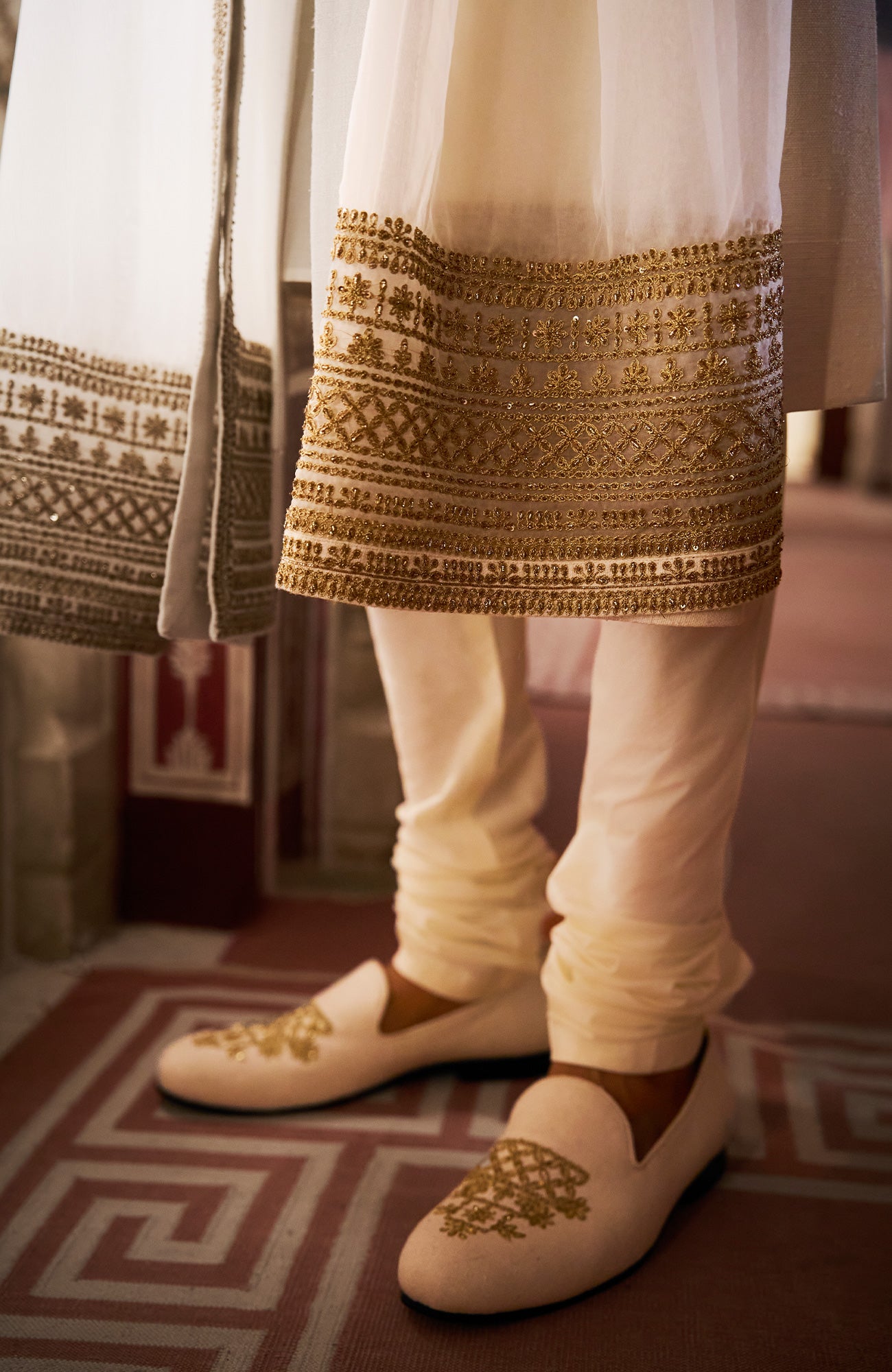 Ivory Gold Matka Silk Sherwani Set