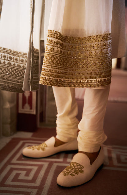 Ivory Gold Matka Silk Sherwani Set