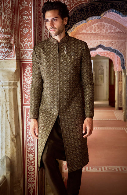 Olive Green Thread Sequin Sherwani Set