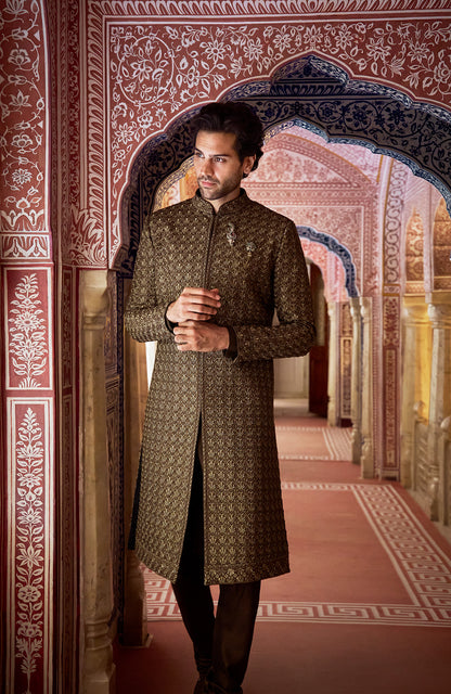 Olive Green Thread Sequin Sherwani Set