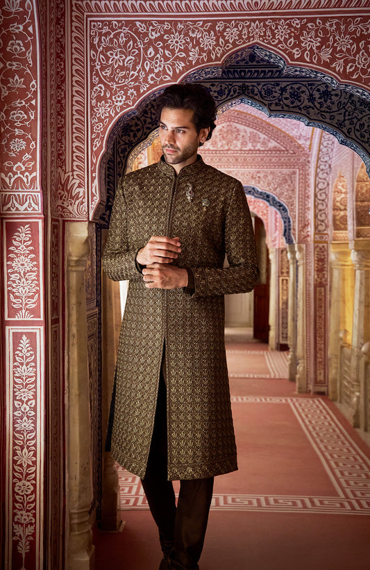 Olive Green Thread Sequin Sherwani Set