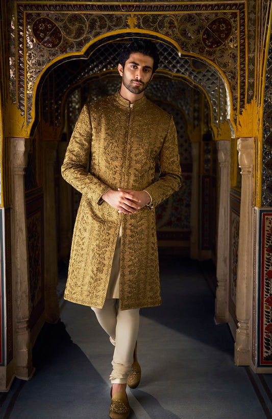 Antique Gold Tissue Sherwani Set