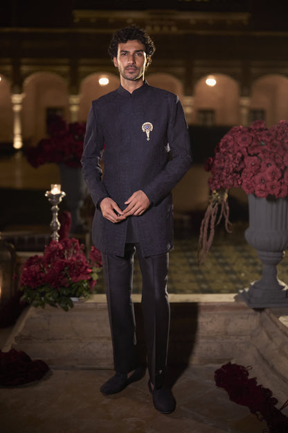 Navy Blue Abstract Sherwani Set