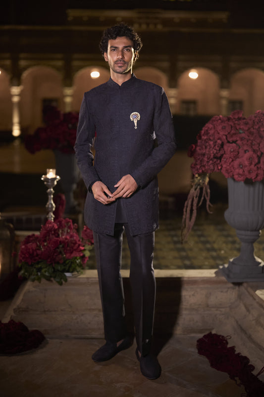 Navy Blue Abstract Sherwani Set