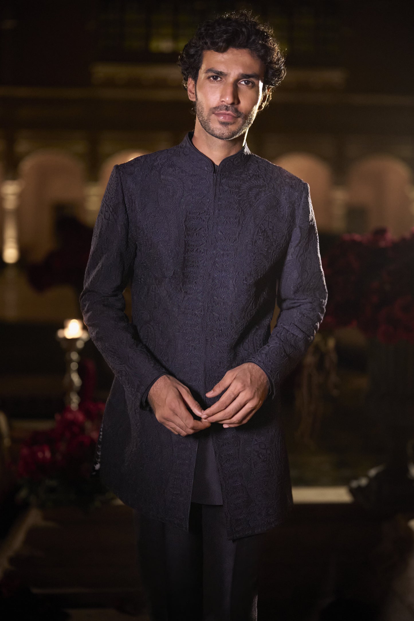 Navy Blue Abstract Sherwani Set