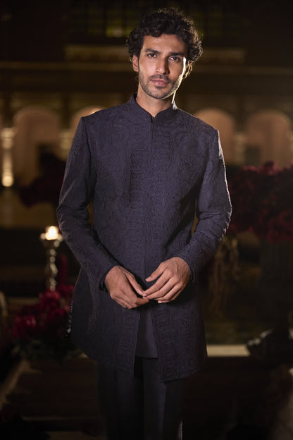 Navy Blue Abstract Sherwani Set