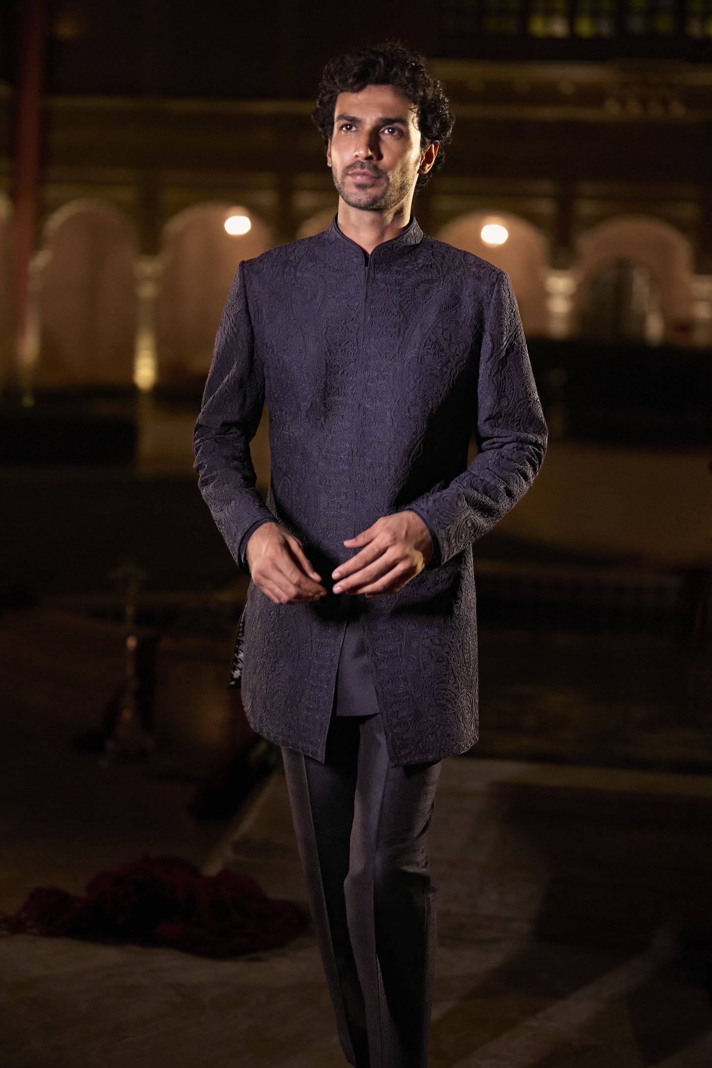 Navy Blue Abstract Sherwani Set