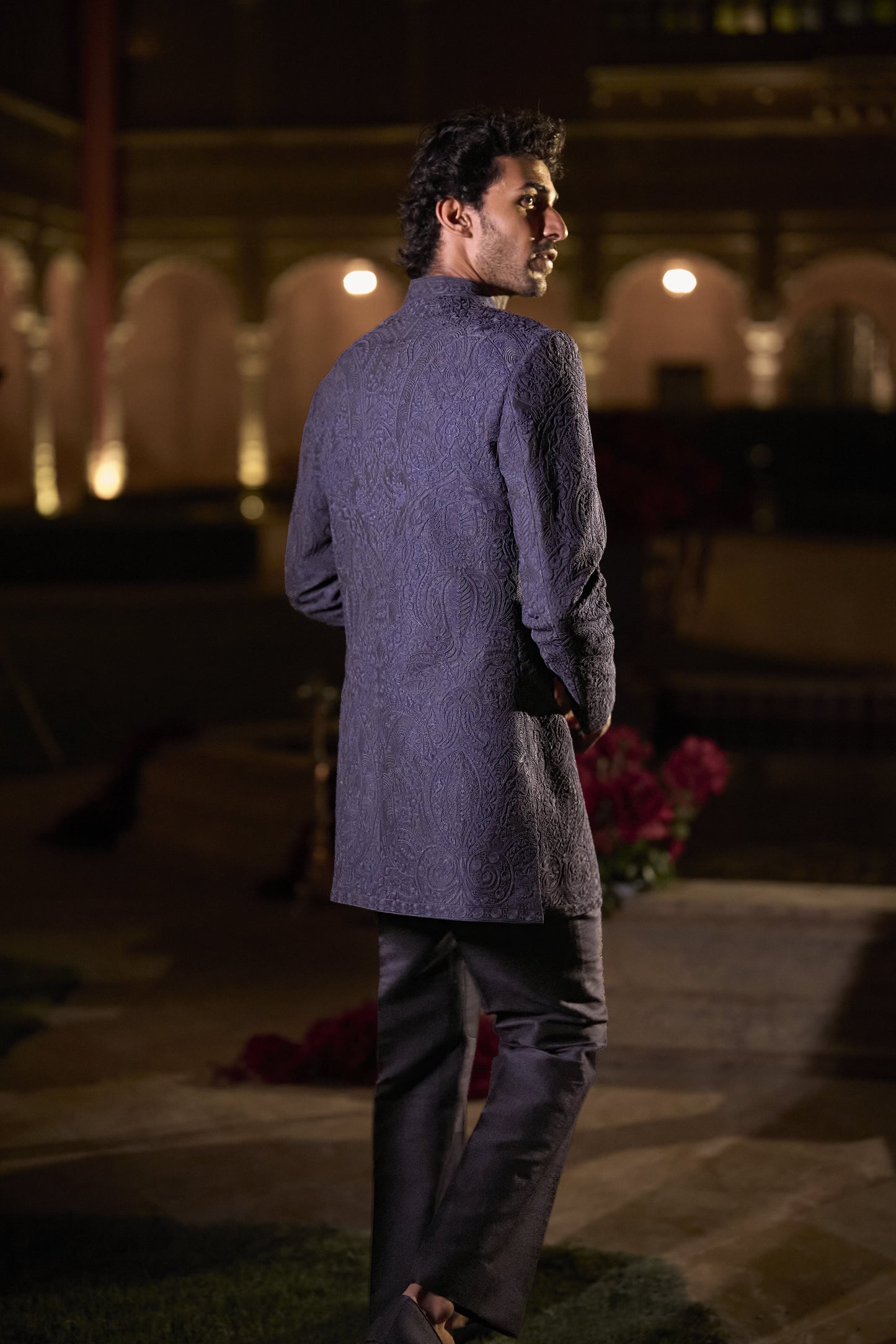 Navy Blue Abstract Sherwani Set